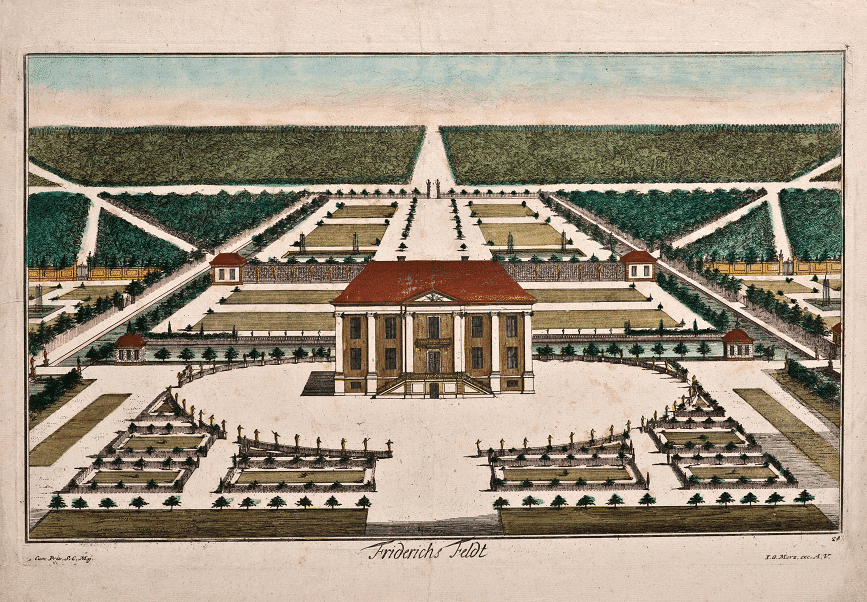 Zeichnung des Schlosses Friedrichsfelde und der umgebenden Gartenlandschaft