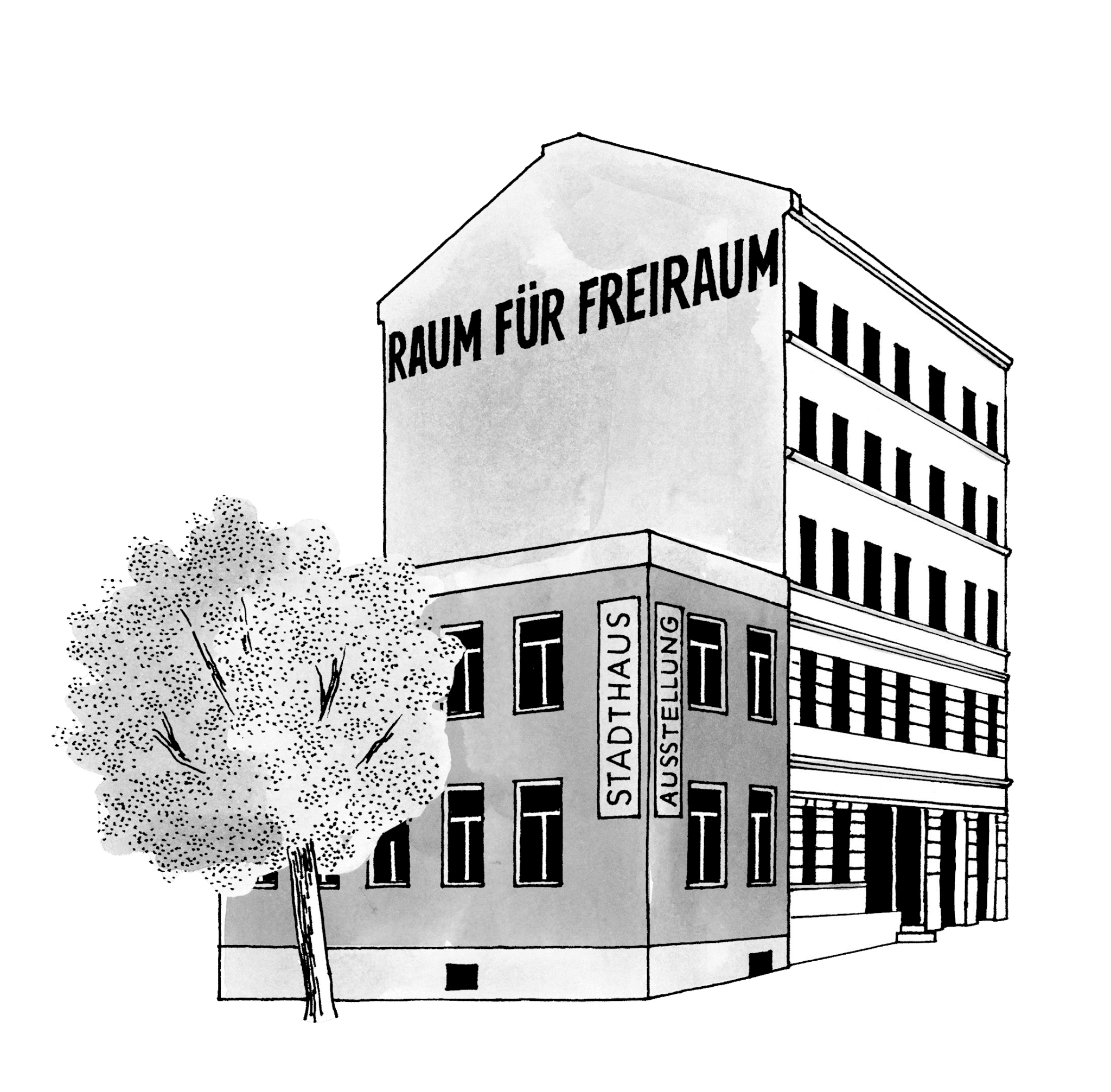 Black-and-white drawing of the Stadthaus